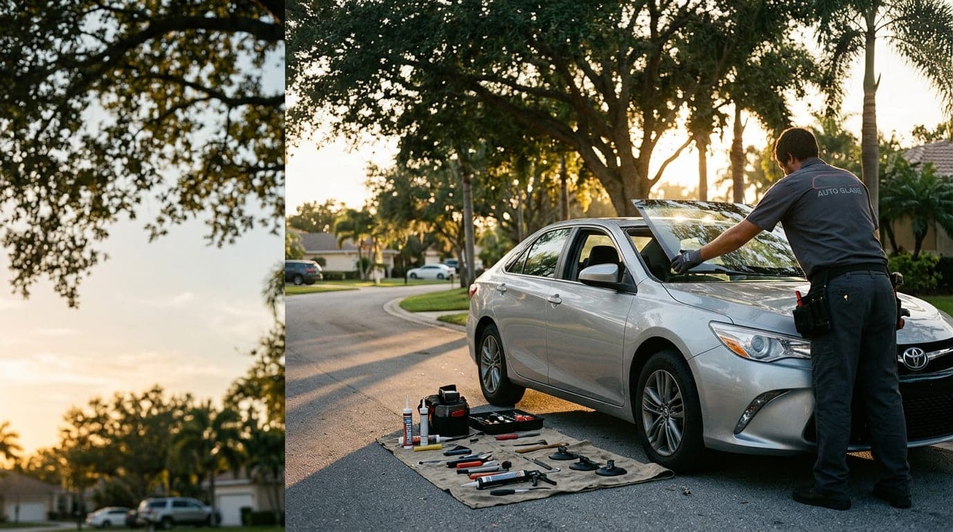 Auto glass technician fitting a new windshield on a sedan in Palm Beach Gardens, FL